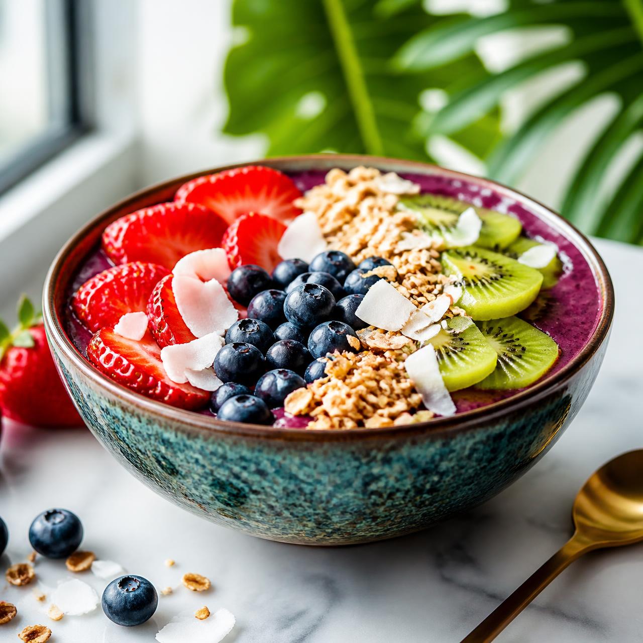 Colorful acai bowl topped with berries, kiwi, granola and coconut